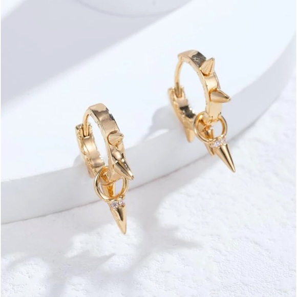 Elegantly Edgy Dainty Gold Dangle Spike Huggie Hoop Earrings - Picture 2 of 8